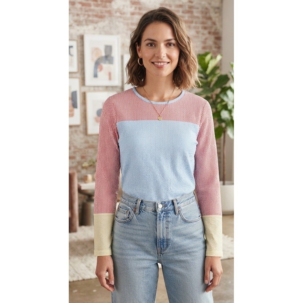Lands End Seersucker Striped Long Sleeve Top Women's M Blue Red Coastal Vacation